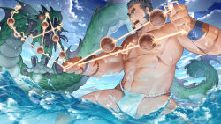 Rule 34 | 1boy, abs, bara, black hair, bulge, chiguo (gyee), cloud, day, facial hair, fundoshi, gyee, highres, holding, holding weapon, hydra, japanese clothes, large pectorals, long sideburns, male focus, monster, muscular, muscular male, navel, nipples, official art, open mouth, outdoors, pectorals, scar, scar on chest, short hair, sideburns, sky, water, weapon, wristband