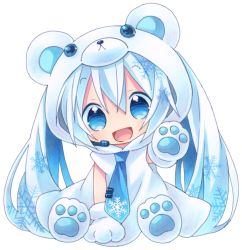Rule 34 | 1girl, alternate hair color, animal costume, animal hands, blue eyes, blue hair, chibi, female focus, full body, gloves, hatsune miku, headset, highres, kagami leo, long hair, matching hair/eyes, necktie, open mouth, paw gloves, simple background, smile, snowflakes, solo, traditional media, twintails, very long hair, vocaloid, white background, yuki miku
