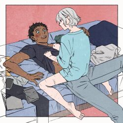 Rule 34 | 2boys, bags under eyes, bed, black eyes, black hair, blue eyes, blush, bottomless, clothes grab, curly hair, dark-skinned male, dark skin, dungeon meshi, elf, grey hair, hand on another&#039;s shoulder, kabe piko, kabru, lying, male focus, mithrun, multiple boys, multiple scars, notched ear, on back, on bed, pants, pointy ears, scar, shirt, shirt grab, short hair, sitting, sitting on person, straddling, sweatdrop, t-shirt, undressing, unworn clothes, wavy hair, yaoi