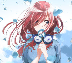Rule 34 | 1girl, blue dress, blue eyes, blush, breasts, commentary request, dress, flower, go-toubun no hanayome, hair between eyes, hair over eyes, headphones, headphones around neck, highres, holding, holding flower, long hair, looking at viewer, medium breasts, nakano miku, own hands clasped, own hands together, petals, red hair, solo, takuro (taku3949), upper body