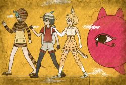 Rule 34 | 10s, 7kita, animal ears, aqua hair, backpack, bag, bare shoulders, black eyes, black legwear, blonde hair, bow, bowtie, brown footwear, bucket hat, cellien (kemono friends), clenched hands, closed eyes, closed mouth, commentary request, crack, egyptian art, elbow gloves, from side, geta, gloves, hat, hat feather, high-waist skirt, highres, hood, hoodie, kaban (kemono friends), kemono friends, kita (7kita), legs apart, long sleeves, multicolored ribbon, orange ribbon, pantyhose, profile, purple ribbon, red eyes, red shirt, ribbon, serval (kemono friends), serval print, serval tail, shirt, shoes, short hair, short sleeves, single eye, skirt, sleeveless, sleeveless shirt, snake tail, standing, striped tail, tail, tengu-geta, thighhighs, tsuchinoko (kemono friends), white footwear, white shirt, yellow background