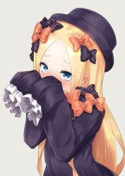 Rule 34 | 1girl, abigail williams (fate), black bow, black dress, black hat, blonde hair, blue eyes, blush, bow, covered mouth, dress, ear blush, fate/grand order, fate (series), forehead, grey background, hair bow, hands up, hat, highres, long hair, long sleeves, looking at viewer, nenosame, nose blush, orange bow, parted bangs, polka dot, polka dot bow, simple background, sleeves past fingers, sleeves past wrists, solo, upper body, very long hair
