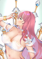 Rule 34 | 1girl, armpits, bikini, blue eyes, bracelet, breasts, brown dust 2, cleavage, floating, floating object, floating sword, floating weapon, flower, from side, hair between eyes, hair flower, hair ornament, heartforecast, highres, jewelry, large breasts, light blush, long hair, looking at viewer, navel, pink hair, red flower, solo, stomach, swimsuit, sword, sylvia (brown dust), upper body, very long hair, weapon, white bikini, white flower