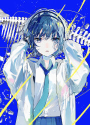 Rule 34 | 1girl, absurdres, album cover, aqua hair, aqua necktie, blue background, blue eyes, blue skirt, bone, book, coat, collared shirt, cover, expressionless, hagimorijia, hands in hair, hands up, highres, light particles, long sleeves, looking at viewer, necktie, original, parted lips, shirt, short hair, skirt, solo, straight-on, upper body, white coat, white shirt
