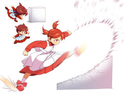 Rule 34 | 1girl, arc the lad, bow, chibi, choko (arc the lad), closed mouth, dress, full body, kicking, ooo, red eyes, red hair, redrawn, shoes, short hair, short twintails, simple background, skirt, socks, solo, sprite, twintails, white background