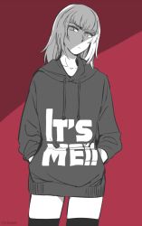 Rule 34 | 10s, 1girl, casual, clothes writing, cowboy shot, dress, english text, girls und panzer, hands in pockets, hood, hoodie, itsumi erika, long hair, long sleeves, looking at viewer, monochrome, print shirt, purple background, shirt, solo, sweater, sweater dress, thighhighs, yukataro