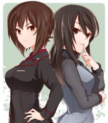 Rule 34 | arm grab, back-to-back, black jacket, blue jacket, brown eyes, brown hair, closed mouth, dress shirt, finger to mouth, from side, girls und panzer, hand on own hip, insignia, jacket, keizoku military uniform, kuromorimine military uniform, light frown, light smile, long sleeves, looking at viewer, mika (girls und panzer), military, military uniform, nakaya 106, nishizumi maho, no headwear, raglan sleeves, red shirt, shirt, short hair, standing, track jacket, uniform, upper body