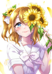 Rule 34 | 1girl, a song for you! you? you!, blue eyes, blush, brown hair, closed mouth, commentary request, flower, hair between eyes, hair flower, hair ornament, hair ribbon, hand up, highres, holding, holding flower, kosaka honoka, long hair, looking at viewer, love live!, love live! school idol project, mono land, nail polish, one eye covered, petals, ribbon, sailor collar, school uniform, serafuku, shirt, short sleeves, signature, smile, solo, sunflower, two side up, upper body, white neckwear, white ribbon, white sailor collar, white shirt, yellow flower, yellow nails