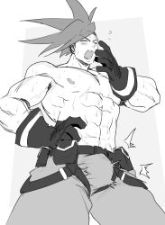 Rule 34 | 1boy, abs, asymmetrical hair, bara, bare pectorals, black gloves, bulge, erection, erection under clothes, galo thymos, gloves, greyscale, haiki (tegusu), hand on own hip, large pectorals, male focus, monochrome, nipples, pectorals, pouch, promare, sidecut, solo, spiked hair, sweat, toned, toned male, topless male, undercut, yawning