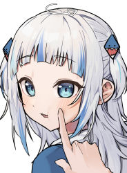 Rule 34 | 1girl, arrow (symbol), blue eyes, blue hair, blush, cheek poking, commentary, english commentary, gawr gura, gawr gura (1st costume), hair ornament, highres, hololive, hololive english, long hair, looking at viewer, multicolored hair, open mouth, poking, portrait, pov, shark hair ornament, sharp teeth, short twintails, silver hair, simple background, solo focus, streaked hair, syhan, teeth, twintails, two-tone hair, virtual youtuber, white background