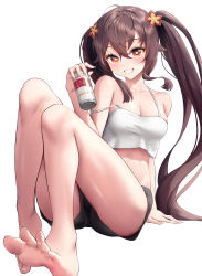 Rule 34 | 1girl, absurdres, ahoge, alternate costume, bare legs, barefoot, black shorts, blush, breasts, brown hair, camisole, can, cleavage, collarbone, crop top, flower, flower-shaped pupils, full body, genshin impact, grin, hair between eyes, hair flower, hair ornament, highres, holding, holding can, hu tao (genshin impact), long hair, looking at viewer, rable, red eyes, short shorts, shorts, sidelocks, simple background, sitting, small breasts, smile, solo, spaghetti strap, strap slip, symbol-shaped pupils, teeth, thighs, toes, twintails, very long hair, white background, white camisole