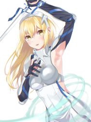 Rule 34 | 1girl, absurdres, aiz wallenstein, arm up, armor, armpits, bad id, bad pixiv id, black gloves, black sleeves, blonde hair, breastplate, covered navel, dress, dungeon ni deai wo motomeru no wa machigatteiru darou ka, dutch angle, faulds, floating hair, gloves, hair between eyes, highres, holding, holding sword, holding weapon, long hair, long sleeves, looking at viewer, naruse0819, open mouth, shrug (clothing), simple background, sleeveless, sleeveless dress, solo, standing, sword, weapon, white background, white dress, yellow eyes