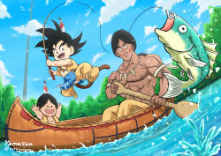 Rule 34 | 2094banana, 3boys, black hair, boat, bone necklace, bora (dragon ball), character request, cloud, cloudy sky, commentary request, dark-skinned male, dark skin, day, dragon ball, dragon ball (classic), fantasy, father and son, feather hair, fish, fishing, fishing hook, fishing line, fishing rod, highres, holding, holding fishing rod, jumping, looking at viewer, male focus, monkey tail, multiple boys, muscular, muscular male, open mouth, outdoors, paddle, sitting, sky, smile, son goku, spiked hair, tail, topless male, tower, tree, upa (dragon ball), water, watercraft