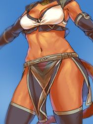 Rule 34 | 1girl, blue background, breasts, cat tail, cleavage, close-up, dark-skinned female, dark skin, elbow gloves, female focus, final fantasy, final fantasy xi, gloves, gradient background, grey gloves, head out of frame, loincloth, medium breasts, midriff, mithra (ff11), navel, pelvic curtain, solo, tail, thighs, yuccoshi