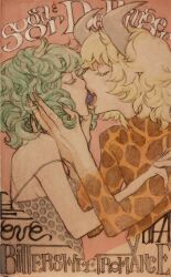 Rule 34 | 1boy, 1girl, animal print, bare arms, bare shoulders, blonde hair, closed eyes, dellinger (one piece), english text, eyelashes, food, fruit, grapes, green hair, hand on another&#039;s face, high collar, horns, kiss, leopard print, long sleeves, one piece, pink background, short hair, sugar (one piece), tutugui, upper body