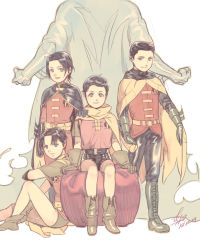 Rule 34 | 4boys, 5boys, batman, batman (series), black hair, black pants, blue eyes, boots, brothers, bruce wayne, cape, cross-laced footwear, damian wayne, dc comics, dick grayson, family, father and son, gauntlets, green footwear, jason todd, lace-up boots, legacy, leotard, male focus, multiple boys, pants, pixie boots, robin (dc), shoes, shorts, siblings, sitting, standing, tim drake, time paradox, tunic, verin, aged down
