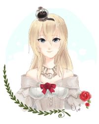 Rule 34 | 10s, 1girl, bad anatomy, blonde hair, blue eyes, bow, crown, detectivecappychan, dress, flower, jewelry, kantai collection, necklace, poorly drawn, rose, solo, upper body, warspite (kancolle)