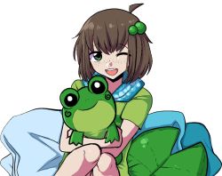 Rule 34 | 1girl, ahoge, blue collar, child, collar, collared shirt, eyelashes, feet out of frame, freckles, frog, green shirt, green stripe, holding, holding stuffed animal, holding stuffed toy, indie virtual youtuber, knees, knees together feet apart, knees up, lily hopkins, lily pad, looking at viewer, medium hair, messy hair, one eye closed, open mouth, pillow, pride-kun, shirt, striped clothes, striped shirt, stuffed animal, stuffed frog, stuffed toy, t-shirt, teeth, transparent background, upper body, upper teeth only, virtual youtuber, wink