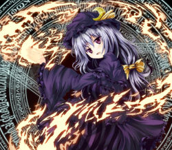Rule 34 | 1girl, alternate color, bad id, bad pixiv id, blue hair, crescent, dress, female focus, fire, flaming hand, hair ribbon, hat, long hair, magic, magic circle, open mouth, patchouli knowledge, purple dress, purple eyes, ribbon, solo, tamago gohan, touhou