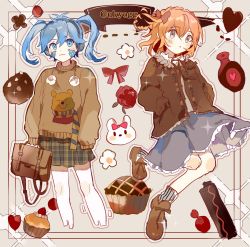 Rule 34 | 2girls, :3, alternate costume, alternate hairstyle, animal ears, bag, blue eyes, blue hair, border, bottle, braid, brown bag, brown jacket, brown ribbon, brown sweater, candy, candy wrapper, checkered clothes, checkered skirt, collar, cookie, cupcake, ene (kagerou project), flower, food, frilled collar, frilled skirt, frills, grey eyes, grey shirt, grey skirt, grey socks, hair ribbon, headphones, heart, highres, jacket, kagerou project, kisaragi momo, light blue hair, looking at viewer, looking to the side, multiple girls, orange hair, otorigg, pie, pleated skirt, rabbit, rabbit ears, red ribbon, ribbon, scarf, shirt, short hair, side braid, single braid, skirt, socks, striped clothes, striped scarf, sweater, sweets, twintails, vertical-striped clothes, vertical-striped scarf, watermark, white flower, winnie the pooh