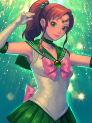 Rule 34 | 1girl, arm up, artist name, back bow, bellhenge, bishoujo senshi sailor moon, bow, bowtie, brown hair, choker, circlet, closed mouth, collared leotard, commentary, earrings, elbow gloves, english commentary, eyelashes, flower, flower earrings, gem, gloves, green background, green choker, green eyes, green gemstone, green sailor collar, green skirt, hair bobbles, hair ornament, jewelry, kino makoto, leotard, lipstick, looking at viewer, makeup, medium hair, miniskirt, outstretched arm, pink bow, pink bowtie, pink flower, pink lips, pink rose, ponytail, rose, sailor collar, sailor jupiter, sidelocks, skirt, smile, sparkle, thick eyebrows, white gloves, white leotard