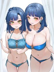 2girls absurdres aqua_bikini bikini blue_bikini blue_hair blush breasts c_(theta) collarbone commentary_request covered_erect_nipples cowboy_shot cross-laced_bikini cross-laced_clothes curtains earrings gluteal_fold groin hand_on_another&#039;s_waist highres idolmaster idolmaster_million_live! jewelry large_breasts looking_at_viewer mature_female medium_breasts medium_hair mother_and_daughter multiple_girls nanao_yuriko nanao_yuriko&#039;s_mother navel o-ring o-ring_bikini side-tie_bikini_bottom smile stomach swimsuit thigh_gap yellow_eyes