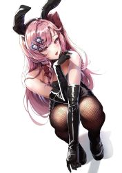 Rule 34 | 1girl, :d, animal ears, bare shoulders, black footwear, black gloves, black leotard, black pantyhose, blush, bow, braid, breasts, detached collar, elbow gloves, fake animal ears, fishnet pantyhose, fishnets, full body, girls&#039; frontline, gloves, ha9na, hair between eyes, hair bow, hair ornament, hair ribbon, hairclip, half-closed eyes, hexagram, leotard, long hair, looking at viewer, negev (girls&#039; frontline), one side up, open mouth, pantyhose, pink hair, playboy bunny, rabbit ears, red bow, red eyes, ribbon, simple background, smile, solo, squatting, star of david