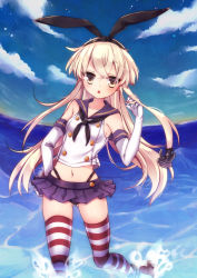 Rule 34 | 10s, 1girl, absurdres, anchor hair ornament, blonde hair, elbow gloves, gloves, hair ornament, hairband, highleg, highleg panties, highres, kantai collection, kirasaki, long hair, microskirt, panties, shimakaze (kancolle), skirt, solo, striped clothes, striped thighhighs, thighhighs, underwear, water