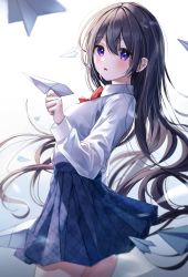 Rule 34 | 1girl, absurdres, black hair, blurry, blurry foreground, blush, bow, bowtie, collared shirt, cowboy shot, from side, hair between eyes, hair strand, hand up, highres, holding, long hair, long sleeves, looking at viewer, looking to the side, messy hair, myowa, original, paper airplane, parted lips, pleated skirt, purple eyes, purple skirt, shirt, sidelocks, skirt, solo, standing, thighs, very long hair, wrist cuffs