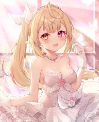 Rule 34 | 1girl, ahoge, backlighting, blonde hair, breasts, bug, butterfly, cleavage, commentary, curtains, dress, flower, gloves, hair ornament, hair ribbon, hand up, heterochromia, hoshikawa sara, indoors, insect, lace trim, large breasts, layered dress, long hair, looking at viewer, nijisanji, open mouth, pink eyes, pink flower, pink rose, ponytail, ribbon, rose, side ponytail, sidelocks, smile, solo, tiara, upper body, veil, very long hair, virtual youtuber, wedding dress, white butterfly, white dress, white gloves, white ribbon, x hair ornament, yellow eyes, zky (oekaky)