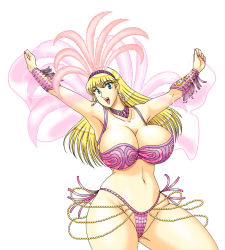Rule 34 | 1girl, akimoto katherine reiko, blonde hair, blue eyes, breasts, cleavage, curvy, huge breasts, kochikame, long hair, nail polish, pink nails, samba, simple background, smile, solo, thick thighs, thighs, white background, wide hips