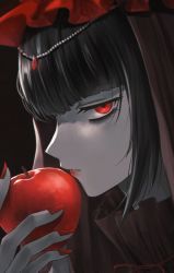 Rule 34 | 1girl, apple, black hair, celestia ludenberg, danganronpa: trigger happy havoc, danganronpa (series), food, fruit, hair ornament, highres, holding, holding food, holding fruit, jewelry, long hair, looking at viewer, nail polish, parted lips, porary, profile, red apple, red eyes, red lips, red nails, solo, teeth, upper body