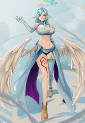 Rule 34 | akeno(itsnafulol), angel, angel wings, animal ears, asymmetrical legwear, bird ears, blue hair, body markings, breasts, cloud, crop top, feathered wings, flying, gloves, halo, highres, large breasts, looking at viewer, low wings, magic circle, midriff, mismatched legwear, motion blur, no game no life, open mouth, original, pink eyes, shoes, sky, solo, thick thighs, thighs, vanko (vank0a), wide hips, wing ears, wings