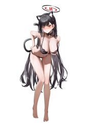 Rule 34 | 1girl, absurdres, alternate costume, animal ears, bare legs, bare shoulders, bell, black bra, black hair, black halo, black panties, blue archive, bra, breasts, cat ears, cat tail, cleavage, commentary, fake animal ears, fake tail, full body, halo, highres, large breasts, leaning forward, long hair, looking at viewer, navel, neck bell, panties, red eyes, rio (blue archive), simple background, solo, standing, stomach, tail, underwear, very long hair, white background, yohwa
