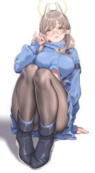 Rule 34 | 1girl, ankle boots, arm support, black pantyhose, blue archive, blush, boots, breasts, candy, commentary request, fangxiang cuoluan, fingernails, food, glasses, grey hair, hair ornament, halo, head tilt, highres, holding, holding candy, holding food, holding lollipop, large breasts, lips, lollipop, long hair, long sleeves, looking at viewer, low twintails, moe (blue archive), panties, panties under pantyhose, pantyhose, pleated skirt, shadow, simple background, sitting, skirt, smile, solo, suspenders, tongue, tongue out, twintails, underwear, white background, yellow eyes