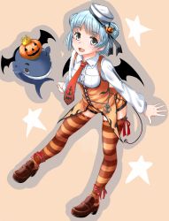 Rule 34 | 1girl, alternate costume, anchor print, animal print, bat print, black ribbon, blue hair, breasts, demon wings, dixie cup hat, double bun, fangs, hair bun, halloween, halloween costume, hat, hat ribbon, highres, kantai collection, knck, little blue whale (kancolle), loafers, long sleeves, military hat, neckerchief, orange neckerchief, orange shorts, orange thighhighs, orange vest, painting (medium), ribbon, samuel b. roberts (kancolle), shirt, shoes, short hair, short shorts, shorts, small breasts, striped clothes, striped thighhighs, thighhighs, traditional media, vest, watercolor (medium), whale, white shirt, wings, yellow eyes