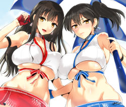 Rule 34 | 10s, 2girls, akagi (kancolle), asymmetrical docking, black hair, blue gloves, breast press, breasts, brown eyes, cleavage, crop top, earrings, fingerless gloves, from below, gloves, gradient background, huge breasts, jewelry, kaga (kancolle), kantai collection, kojima saya, large breasts, long hair, looking at viewer, midriff, multiple girls, navel, open mouth, parasol, race queen, red gloves, shirt, side ponytail, single glove, skirt, sleeveless, sleeveless shirt, smile, umbrella, underboob, undersized clothes, very long hair