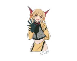 Rule 34 | 1girl, armor, black gloves, blonde hair, dated, fang, gensou suikoden, gensou suikoden iii, gloves, headgear, looking at viewer, midriff, navel, open mouth, sharon (suikoden), short hair, simple background, smile, solo, white background, yellow eyes