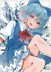 Rule 34 | 1girl, :d, blue bow, blue eyes, blue hair, border, bow, bowtie, cirno, dress, feet out of frame, flat chest, floral background, grey border, hair between eyes, hair bow, highres, ice, ice wings, looking at viewer, open mouth, outside border, pinafore dress, puffy short sleeves, puffy sleeves, red bow, red bowtie, short hair, short sleeves, simple background, sitting, sleeveless dress, smile, solo, sparkle, tamagogayu1998, touhou, white background, wing collar, wings