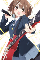 Rule 34 | :d, blue ribbon, brown eyes, electric guitar, guitar, hirasawa yui, holding, holding instrument, holding microphone, instrument, ixy, k-on!, long hair, looking at viewer, microphone, neck ribbon, open mouth, ribbon, school uniform, smile