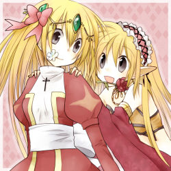 Rule 34 | 2girls, ark kan, bikini, black eyes, blonde hair, bow, breasts, circlet, closed mouth, commentary request, cross, cross necklace, detached sleeves, dress, eyes visible through hair, flower, flower in mouth, frilled hairband, frills, gypsy (ragnarok online), hair between eyes, hair bow, hairband, hands on another&#039;s shoulders, high priest (ragnarok online), jewelry, juliet sleeves, long hair, long sleeves, looking at another, medium breasts, multiple girls, necklace, open mouth, pink background, pink bow, pink hairband, pointy ears, puffy sleeves, ragnarok online, red dress, red flower, red sleeves, sash, smile, strapless, strapless bikini, swimsuit, two-tone dress, upper body, white bow, white dress, white sash, yellow bikini
