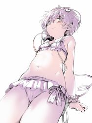 Rule 34 | 1girl, bare shoulders, bikini, bikini top only, blush, bow, child, colorized, eyeball, flat chest, frilled bikini, frills, from below, geppewi, hairband, heart, komeiji satori, looking at viewer, looking down, monochrome, navel, panties, pink eyes, pink hair, short hair, simple background, sketch, solo, spot color, string, swimsuit, third eye, touhou, underwear, white background, wrist cuffs