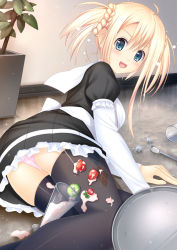 Rule 34 | 1girl, :d, ahoge, aqua eyes, argyle, black thighhighs, blonde hair, blue eyes, blush, cherry, cream, cup, fallen down, food, food on clothes, fruit, fuyu urara, glass, ice, ice cube, lying, maid, on side, open mouth, original, panties, pantyshot, pink panties, smile, solo, spoon, strawberry, thighhighs, tray, twintails, underwear, waitress, water