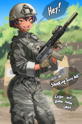 Rule 34 | 1girl, absurdres, assault rifle, belt, black hair, blush, breasts, brown gloves, camouflage, camouflage pants, camouflage shirt, combat helmet, commentary, cowboy shot, daewoo k1, english commentary, english text, engrish text, foregrip, gloves, gun, hair between eyes, helmet, highres, hitch (perotoss), holding, holding weapon, large breasts, long sleeves, looking at viewer, military uniform, open mouth, optical sight, original, outdoors, paid reward available, pants, bulletproof vest, ranguage, republic of korea army, rifle, sharp teeth, shirt, short hair, sleeves rolled up, slit pupils, smile, solo, suppressor, tactical clothes, tan, teeth, tomboy, trigger discipline, uniform, weapon, yellow eyes