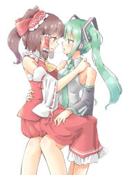 Rule 34 | 2girls, aqua eyes, aqua hair, aqua necktie, arnest, bow, brown eyes, brown hair, commission, crossover, detached sleeves, frilled bow, frills, hair bow, hair tubes, hakurei reimu, hand on another&#039;s shoulder, hatsune miku, headphones, highres, invisible chair, long hair, looking at another, multiple girls, necktie, red bow, ribbon-trimmed sleeves, ribbon trim, saliva, saliva trail, sitting, sitting on lap, sitting on person, skeb commission, touhou, twintails, vocaloid, white background, yuri