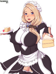 Rule 34 | 1girl, alternate costume, blonde hair, blue eyes, blush, bow, breasts, bridal gauntlets, cake, enmaided, fire emblem, fire emblem: three houses, food, hair bow, highres, holding, holding plate, huge breasts, long hair, long sleeves, low ponytail, lumarianne20, maid, maid headdress, mercedes von martritz, nintendo, open mouth, plate, simple background, solo, white background