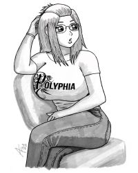 Rule 34 | 1girl, aaronhibiki, bangs pinned back, borrowed character, breasts, chair, crossed legs, denim, glasses, greyscale, group name, hair pulled back, highres, jeans, large breasts, long hair, monochrome, pants, polyphia (band), shirt, sitting, solo, t-shirt