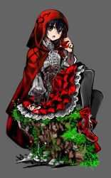 Rule 34 | apple, black eyes, black pantyhose, blue hair, cape, corset, dagger, food, frilled skirt, frills, fruit, grass, grey background, high heels, highres, holding, holding food, holding fruit, hood, hood up, hooded cape, knife, komota (kanyou shoujo), little red riding hood, little red riding hood (grimm), looking at viewer, neck ribbon, open mouth, pantyhose, red apple, red cape, red footwear, red skirt, ribbon, shirt, simple background, sitting, skirt, weapon, white background, white ribbon, white shirt
