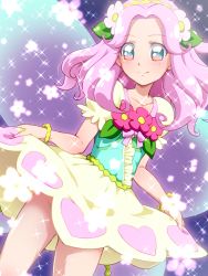Rule 34 | 1girl, blue eyes, clothes lift, cowboy shot, dress, dress lift, flower, ha-chan (mahou girls precure!), hair flower, hair ornament, hairband, hanami kotoha, long hair, mahou girls precure!, multicolored eyes, aged up, pink eyes, pink hair, precure, purple background, smile, solo, sparkle, tj-type1, wings, yellow dress