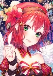 Rule 34 | 1girl, arm strap, bad id, bad pixiv id, black hairband, blush, choker, detached sleeves, earrings, flower, green eyes, hair between eyes, hair flower, hair ornament, hairband, hat, head tilt, highres, jewelry, kurosawa ruby, looking at viewer, love live!, love live! school idol festival, love live! sunshine!!, nail polish, pink nails, portrait, red flower, red hair, red hat, shiny skin, short hair, smile, snowflakes, solo, strapless, striped, striped sleeves, sudach koppe, white flower, yellow flower